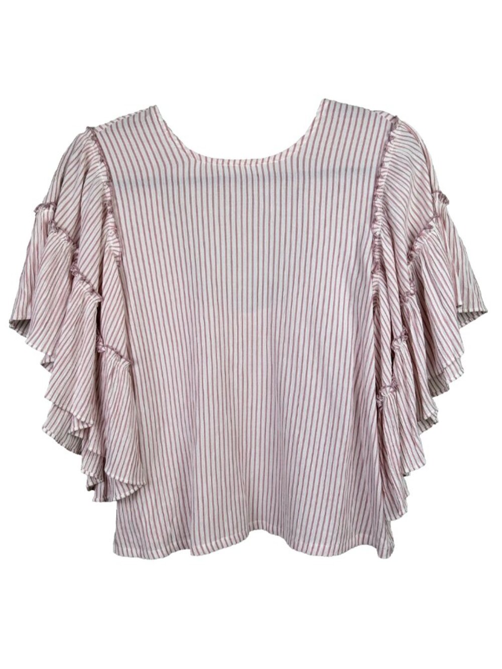 Vestique Pink White Pinstripe Top Ruffle Flutter Sleeve Blouse Open Tie Back S